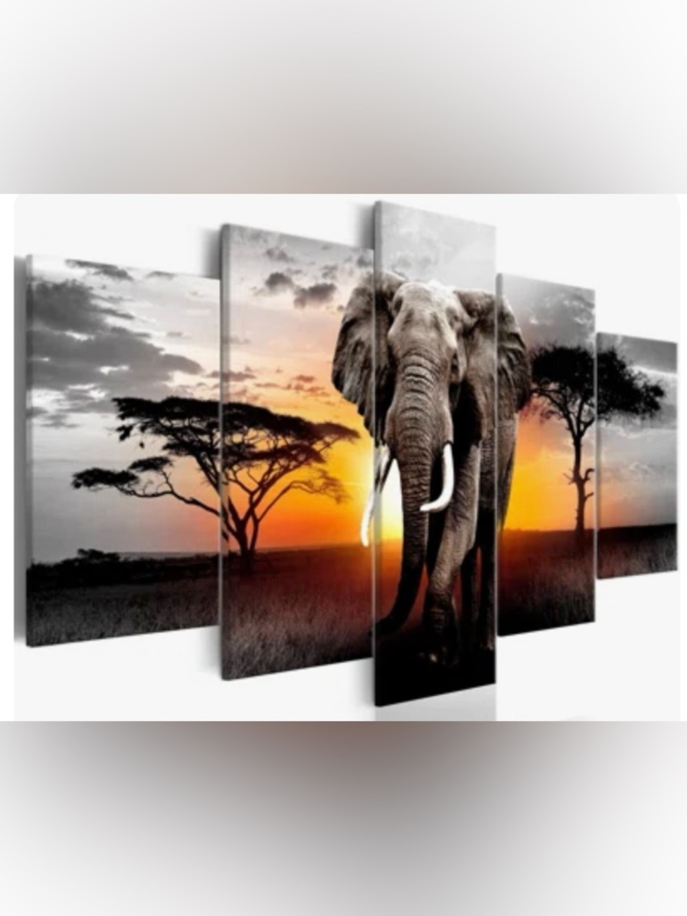 NEW 🐘 20x40” AFRICAN BULL TUSKED ELEPHANT AT SUNSET ON 5-PC CANVAS WALL PANELS